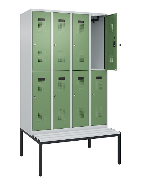 C+P Doppelstock-Spind Evolo PLUS, Bank, 8 Fächer, 2120x1200x815mm, 7035/6011, Zylinderschloss, Sitzfläche Kunststoff, Sitzbank, 0493507-40 S10118