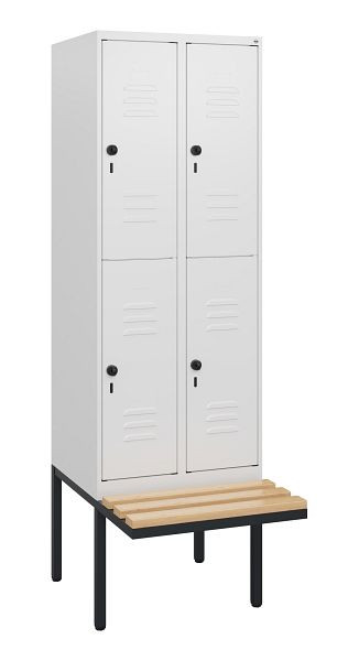 C+P Doppelstöckiger Spind Classic PLUS, 2 Abteile, 1950x600x815mm, 9016/9016, Drehriegel, Sitzleisten aus Buche, schwebende Sitzfläche, 0803405-20 S10014