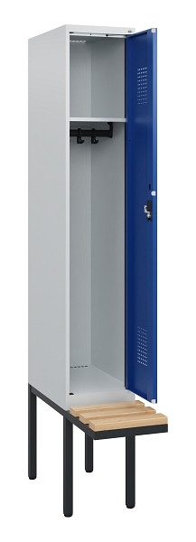 C+P Spind Evolo PLUS, 1 Abteil, 1950x300x815mm, 7035/5010, Zylinderschloss, Sitzfläche Holz, 0490405-10 S10029