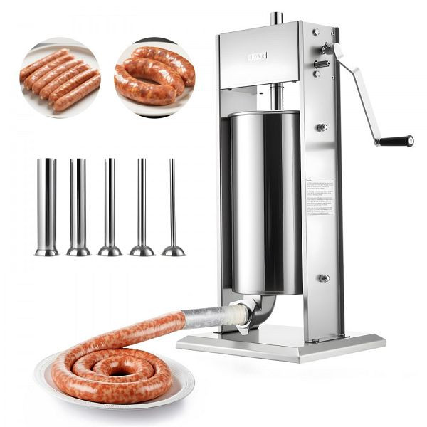 VEVOR Manueller Wurstfüller 15 L, Vertikal, 2 Geschwindigkeiten, 5 Füllrohre, Edelstahl, für Gewerbe & Privat, SDLSBXGGCJ1542JTX001V0