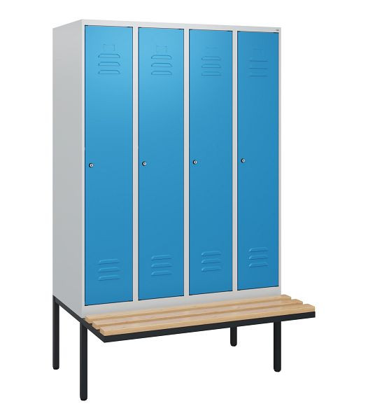 C+P Umkleidespind Classic PLUS, 4 Abteile, 1950x1200x815mm, 7035/5012, Zylinderschlösser, Buche-Sitzleisten, 0800405-40 S10019