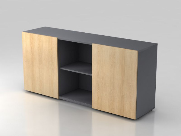 Hammerbacher Sideboard 2OH mit Schiebetüren Graphit/Eiche, 160x42x74,8 cm (BxTxH), V1780/G/E
