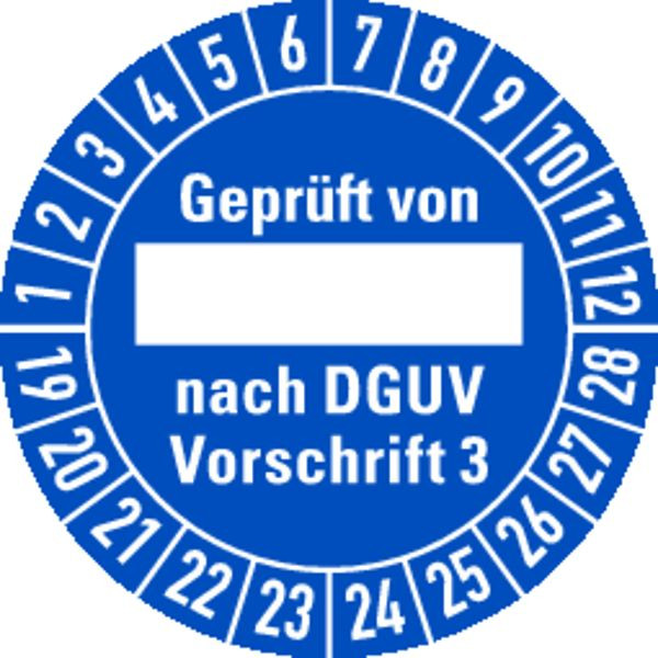 Schilder Klar Prüfplakette Geprüft von, nach DGUV Vorschrift 3 ab 23 blau/weiß (alte Norm: BGV A3), 30 mm Folie selbstklebend, VE: 40 Stück, 49/61.23
