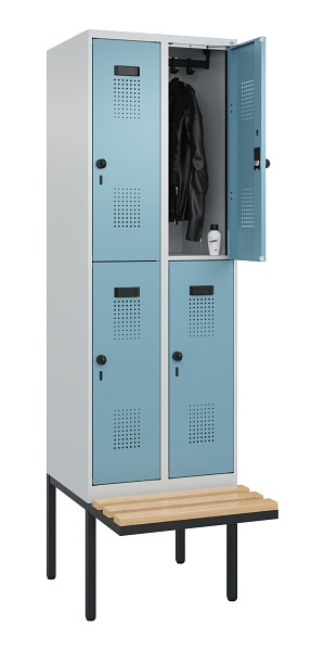 C+P Doppelstock-Spind Evolo PLUS, Bank, 4 Fächer, 2120x600x815mm, 7035/0010, Drehriegel, Sitzfläche Buche-Hartholz, 0493407-20 S10009