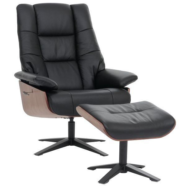 MCA Relaxsessel + Hocker HWC-N57, Fernsehsessel Liegesessel, Holz Echtleder, schwarz, 107240