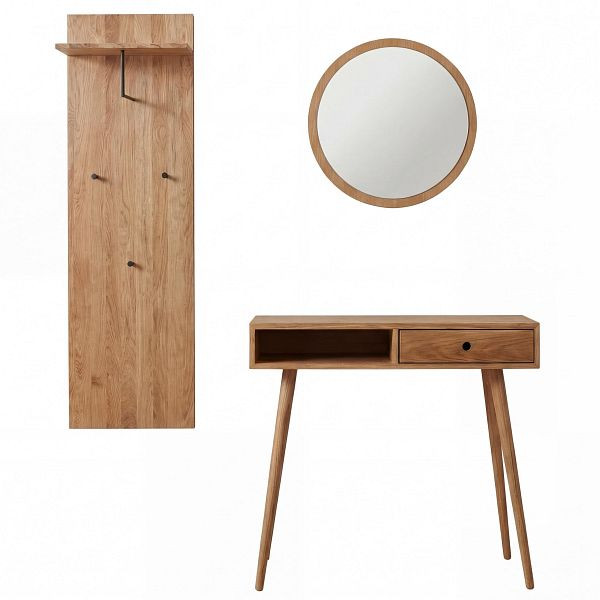 MCA Garderobenset HWC-P55, Konsolentisch Garderobenpaneel Spiegel, Massiv-Holz Ablagefläche Schublade Haken, Eiche, 119386+119387+119388