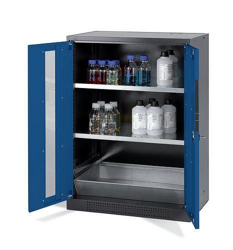 asecos Chemikalienschrank Systema CS-82G, Korpus anthrazit, blau, 2 Einlegeböden und Bodenwanne, 202657