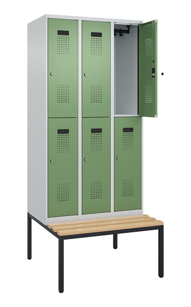 C+P Doppelstock-Spind Evolo PLUS, Bank, 6 Fächer, 2120x900x815mm, 7035/6011, Zylinderschloss, Sitzfläche Buche-Hartholz, Sitzbank, 0493507-30 S10037