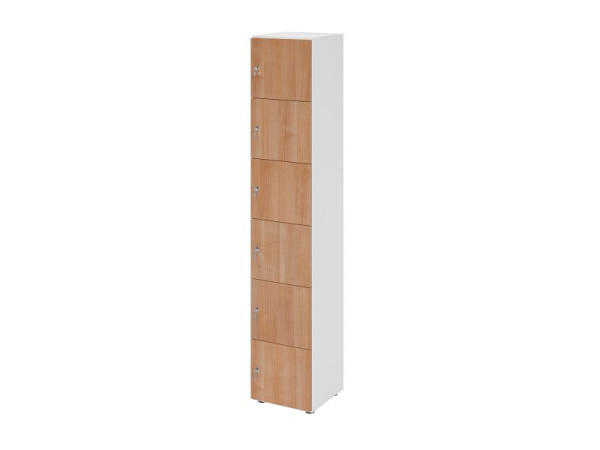 Hammerbacher Schließfachschrank schmal 6OH, 6 Türen mit Schloss, Korpus: weiß, Türen: Nussbaum, 40 x 40 x 215,6 cm (BxTxH), V264L6/W/N/DS