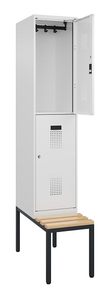 C+P Doppelstock-Spind Evolo PLUS, Bank, 2 Fächer, 2120x400x815mm, 9016/9016, Zylinderschloss, Sitzfläche Buche-Hartholz, Sitzbank, 0493507-12 S10047