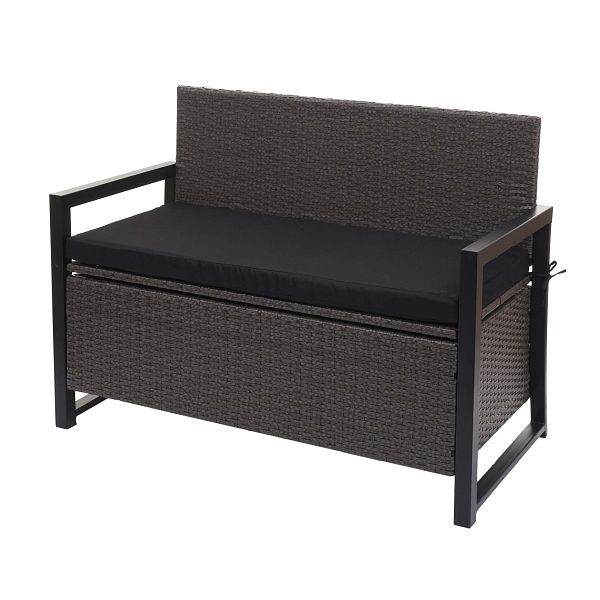 Mendler Poly-Rattan 2er Sitzbank HWC-F39, Gartenbank Truhenbank, Staufach Aufbewahrung Sitzkissen, grau, Kissen schwarz, 76088