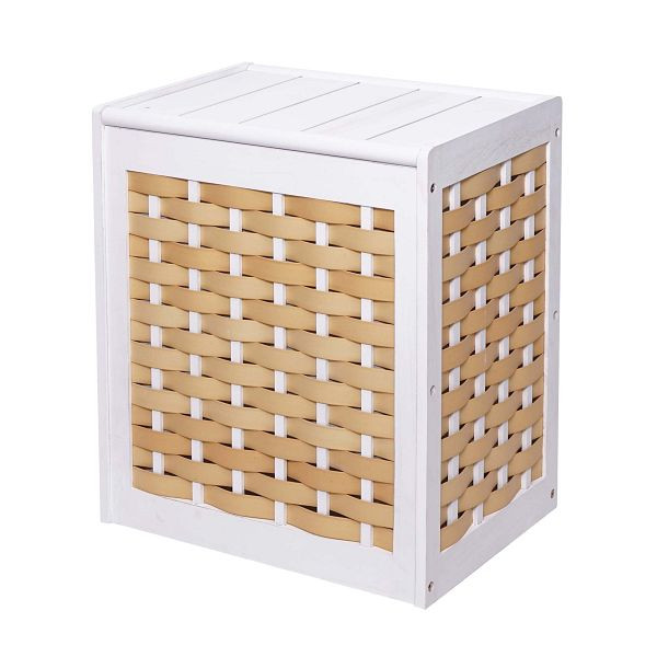 Mendler Wäschekorb HWC-G37, Wäschesammler Wäschesortierer Wäschebox, Massiv-Holz Shabby-Look Geflecht 61x51x35cm, weiß, 72818
