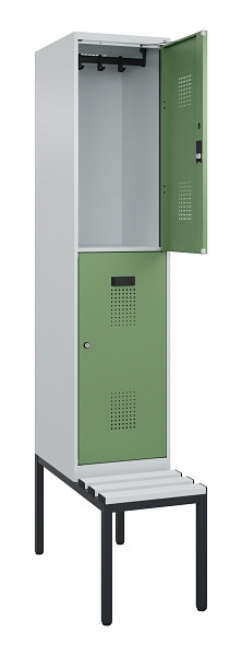 C+P Doppelstock-Spind Evolo PLUS, Bank, 2 Fächer, 2120x400x815mm, 7035/6011, Zylinderschloss, Sitzfläche Kunststoff, Sitzbank, 0493507-12 S10118