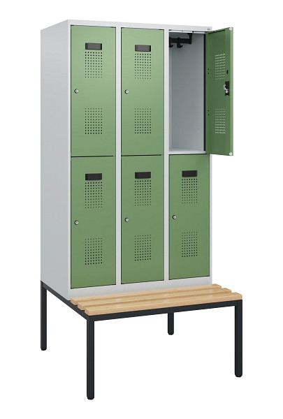 C+P Doppelstöckiger Spind Evolo PLUS, Bank, 6 Fächer, 1950x900x815mm, 7035/6011, Zylinderschloss, Sitzfläche Buche-Hartholz, Sitzbank, 0493505-30 S10037