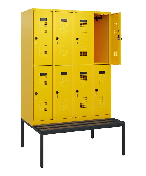 C+P Doppelstöckiger Spind Evolo PLUS, Bank, 8 Fächer, 1950x1200x815mm, 1023/1023, Drehriegel, Sitzfläche Kunststoff, Sitzbank, 0493505-40 S10125