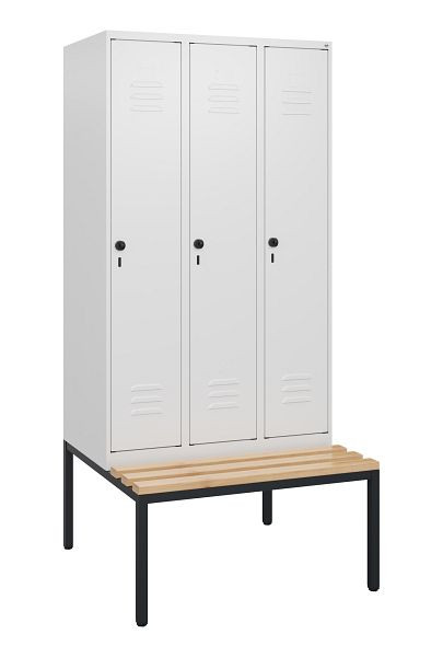 C+P Umkleidespind Classic PLUS, mit untergebauter Sitzbank, 3 Abteile, 1950x900x815mm, 9016/9016, Drehriegel, Buche-Sitzleisten, 0800505-30 S10014