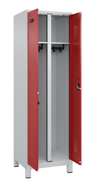 C+P Schwarz-Weiß-Spind Evolo PLUS, mit Füßen, 2 Abteile, 1950x600x500mm, 7035/3, Frontfarbe RAL 3000 feuerrot, Zylinderschloss, 049012-20 S10030