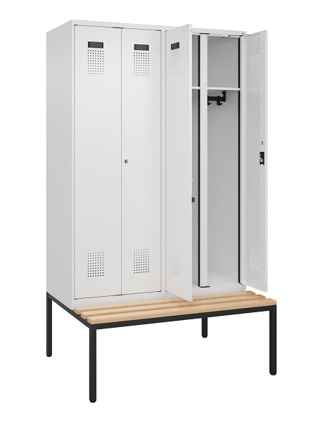 C+P Schwarz-Weiß-Spind Evolo PLUS, Bank, 4 Abteile, 2120x1200x815mm, 9016/9016, Zylinderschloss, Sitzfläche Buche-Hartholz, Sitzbank, 0490527-40 S10047
