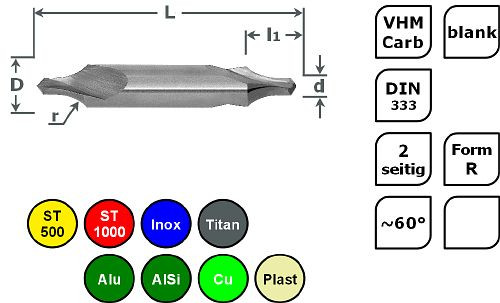 SPPW Zentrierbohrer VHM DIN333 Form R - 1,25x3,15, 6233700125