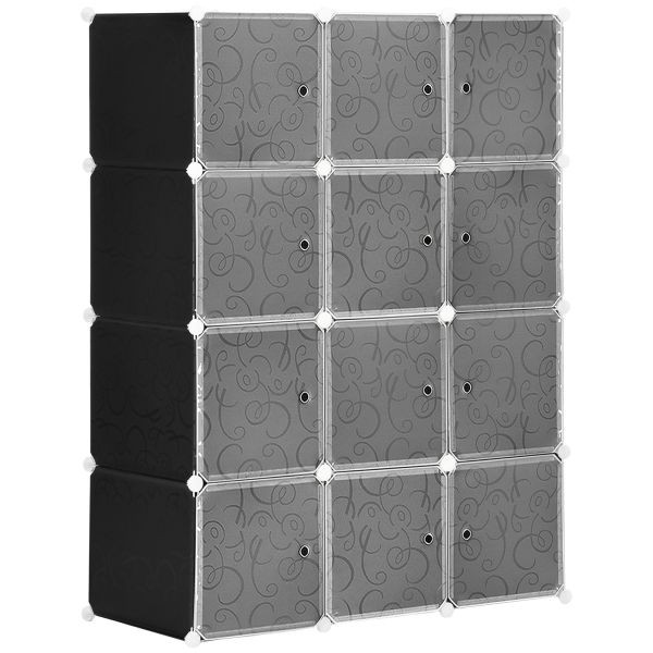 HOMCOM Kleiderschrank DIY Garderobe, mit Kleiderstange, 2 + 6 Fächer aus PP, Schwarz + Weiß, 111 x 47 x 145 cm, 831-249