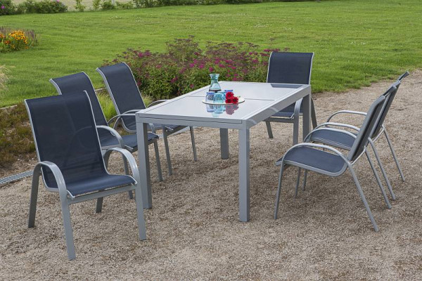 Merxx Amalfi Set 7-teilig, 6 Amalfi Stapelsessel, 1 Ausziehtisch 140 (200) x 90 cm, graue Glasplatte, silber/marineblau, 50340-313