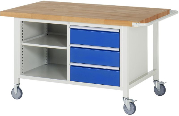 RAU Fahrbare Werkbank 8000- Modell 8462, B1500xT900xH880-1080mm, Doppel-Unterbau-Container, links Fachboden, rechts Schubladen 3x180mm, 05-8462A2-159B4H.11