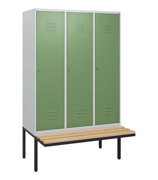 C+P Umkleidespind Classic PLUS, 3 Abteile, 1950x1200x815mm, 7035/6011, Zylinderschlösser, Buche-Sitzleisten, 0800405-32 S10021