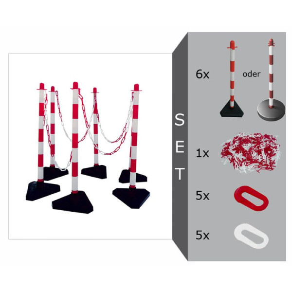 Stein HGS Kettenpfosten 6er-Set -Cloud-, Dreieck-Fuß (SL 300mm), Fuß befüllt, Farbe Pfosten: weiß/rot, 4040kbset