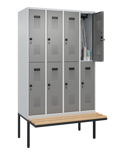 C+P Doppelstock-Spind Evolo PLUS, Bank, 8 Fächer, 2120x1200x815mm, 7035/0004, Drehriegel, Sitzfläche Buche-Hartholz, 0493407-40 S10014