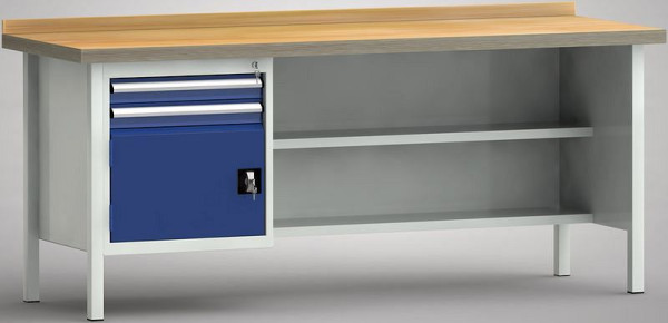 KLW Standard-Werkbank - 2000 x 700 x 900 mm L x T x H (ERGO-Version), links 2x75EA/Türe 350 mm, WS138E-2000M40-E7020