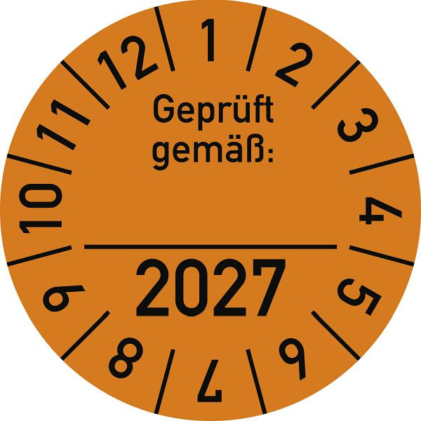 Moedel Prüfplakette Geprüft gemäß: 2027, Folie, Ø 30 mm, VE: 10 Stück/Bogen, 106254