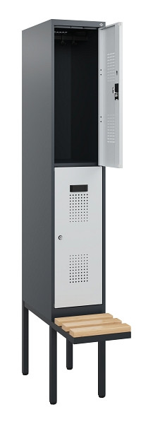 C+P Doppelstock-Spind Evolo PLUS, Bank, 2 Fächer, 1950x300x815mm, 7016/7035, Zylinderschloss, Sitzfläche Buche-Hartholz, 0493405-10 S10044