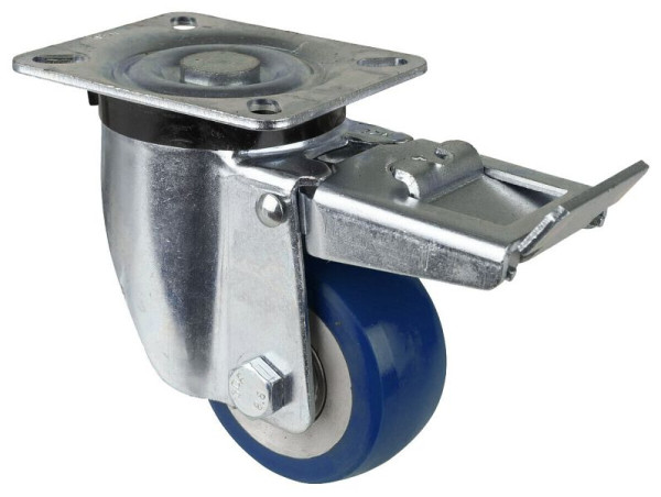 BS Rollen Transportrolle Lenkrolle mit Feststeller, Polyurethanrad 83 Shore Alufelge, Kugellager, Platte, Durchmesser: 80 mm, L420.B92.080