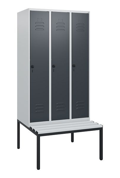 C+P Umkleidespind Classic PLUS, mit untergebauter Sitzbank, 3 Abteile, 1950x900x815mm, 7035/7016, Drehriegel, 0800505-30 S10038