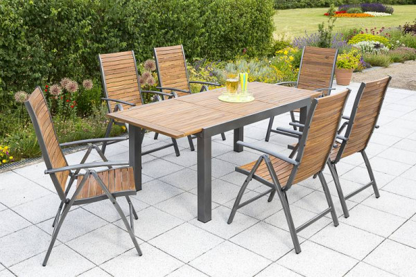 Merxx Santorin Set 7-teilig, 6 Klappsessel, Rückenlehne 5-fach verstellbar, 1 Ausziehtisch, 150 (200) x 90 cm, Aluminium mit FSC Akazienholz, 50223-209