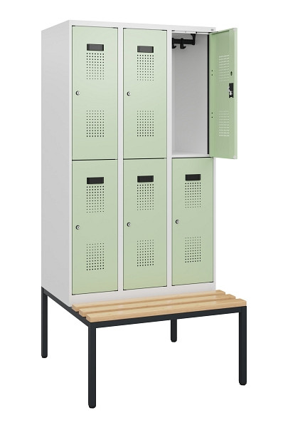 C+P Doppelstöckiger Spind Evolo PLUS, Bank, 6 Fächer, 1950x900x815mm, 9016/6019, Zylinderschloss, Sitzfläche Buche-Hartholz, Sitzbank, 0493505-30 S10049