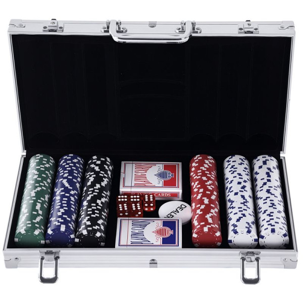 HOMCOM Pokerkoffer abschließbar Pokerset mit Koffer 300 Chips 5 Würfel 2 Kartendecks Zubehör, Pokerchips, A70-014V01