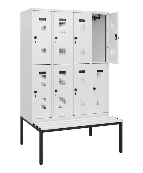 C+P Doppelstöckiger Spind Evolo PLUS, Bank, 8 Fächer, 1950x1200x815mm, 9016/9016, Drehriegel, Sitzfläche Kunststoff, Sitzbank, 0493505-40 S10121