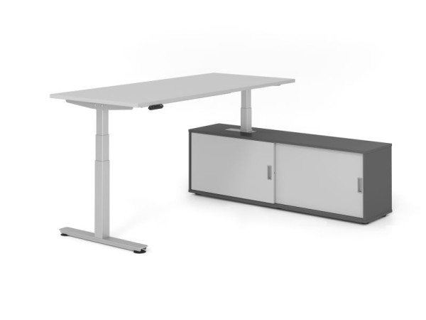 Hammerbacher Schreibtisch XDSM19, 180x80cm, Platte: Grau, T-Fuß Gestell Silber, Höhe: 63 - 127 cm, Graphit / Grau, VXDSM19SB/5/S/G/5