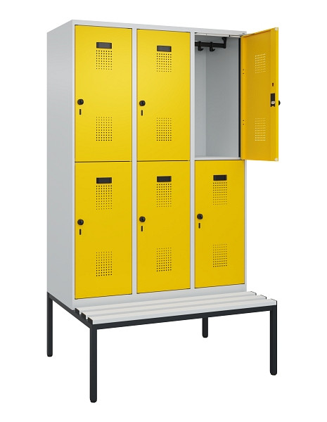 C+P Doppelstock-Spind Evolo PLUS, Bank, 6 Fächer, 2120x1200x815mm, 7035/1023, Drehriegel, Sitzfläche Kunststoff, Sitzbank, 0493507-32 S10082