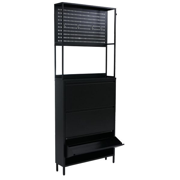 Mendler Schuhschrank HWC-O86, Schuhregal Schuhkipper, 3 Kippfächer Ablage Haken Metall 201x80x20cm, schwarz, 139433