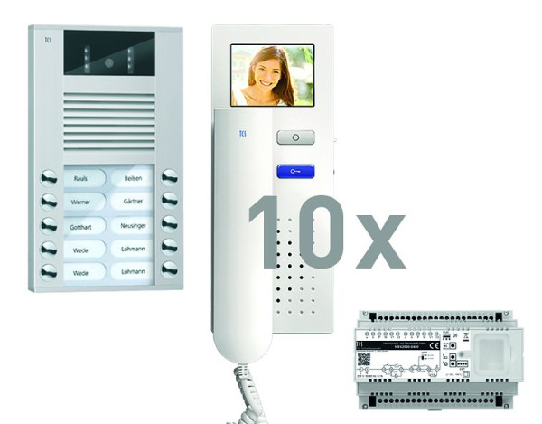 TCS Türkontrollsystem video:pack AP für 10 Wohneinheiten, mit Außenstation AVE 10 Klingeltasten, 10x Video Türtelefon IVH3222, Steuerung, PVE15100-0010