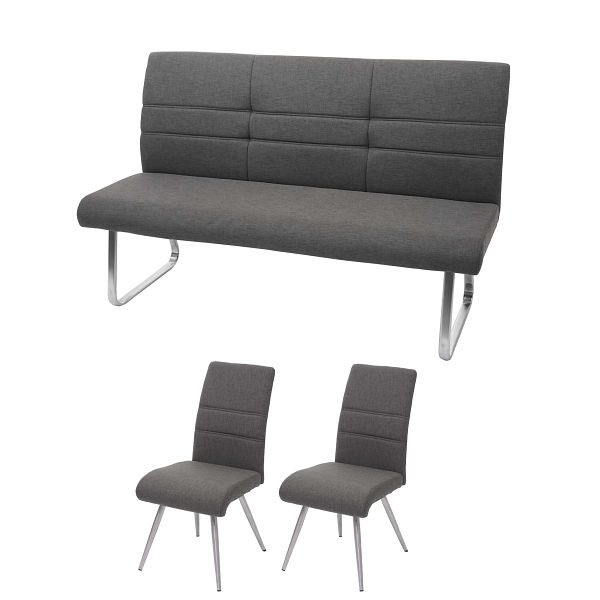Mendler Set 2x Esszimmerstuhl+Sitzbank HWC-G55, Bank Küchenstuhl Stuhl, Stoff/Textil Edelstahl, grau-braun Bank 180cm, 73577+73578+71708