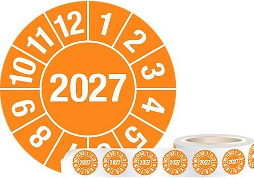 DENIOS Prüfplakette "2027", orange, Folie, 30 mm, VE: 1 Rolle à 1000 Stück, 290144