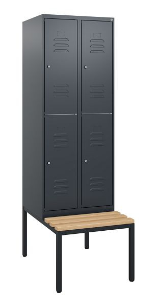 C+P Doppelstöckiger Spind Classic PLUS, 2 Abteile, 1950x600x815mm, 7016/7016, Zylinderschlösser, Buche-Sitzleisten, Sitzbank, 0803505-20 S10042