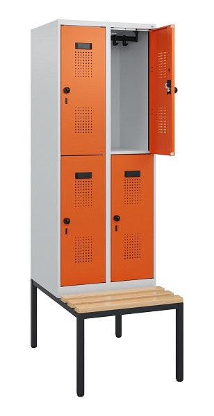 C+P Doppelstöckiger Spind Evolo PLUS, Bank, 4 Fächer, 1950x600x815mm, 7035/2004, Drehriegel, Sitzfläche Buche-Hartholz, Sitzbank, 0493505-20 S10002