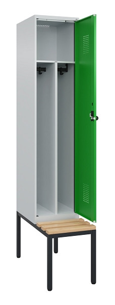 C+P Spind Evolo PLUS, 1 Abteile, 2120x400x815mm, 7035/6037, Haken 4, Drehriegel, Sitzfläche Buche-Hartholz, Sitzbank, Trennwand, 0490507-12F S10011