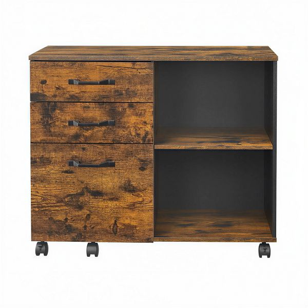 VASAGLE Aktenschrank mit drei Schubladen, beweglicher seitlicher Aktenschrank mit offenen Fächern, rustikbraun und schwarz, OFC041B01