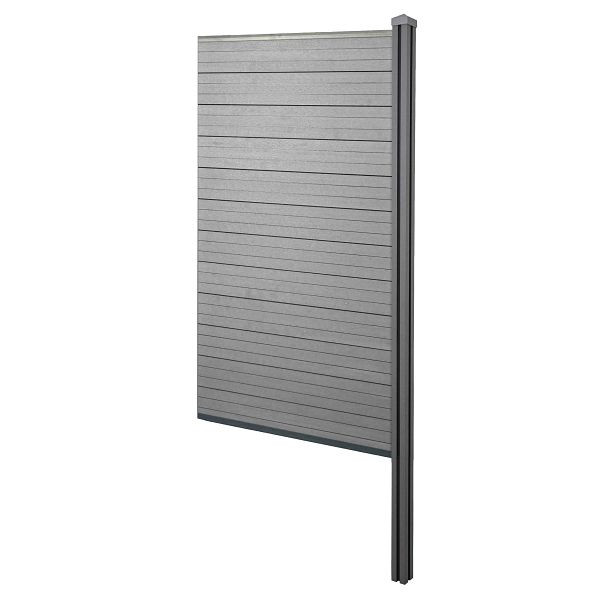 Mendler WPC-Sichtschutz Sarthe, Windschutz Zaun, WPC-Pfosten zum Einbetonieren, Erweiterungselement schmal, 98cm grau, 76246+3x76237+76240+76261