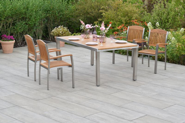 Merxx Keros Set 5-teilig, 4 Stapelsessel, 1 Ausziehtisch, 180 (240) x 100 cm, Edelstahl mit FSC Akazienholz, 50853-011